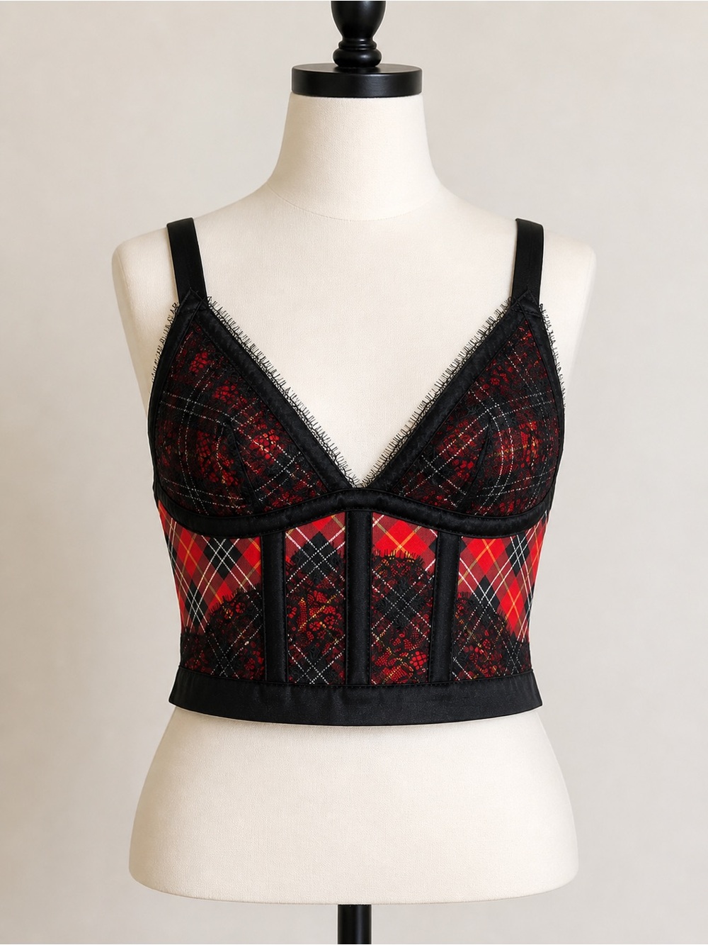 Victoria's Secret Plaid Lace Longline Bralette Red Black XS Grunge NWT‎ Bundle